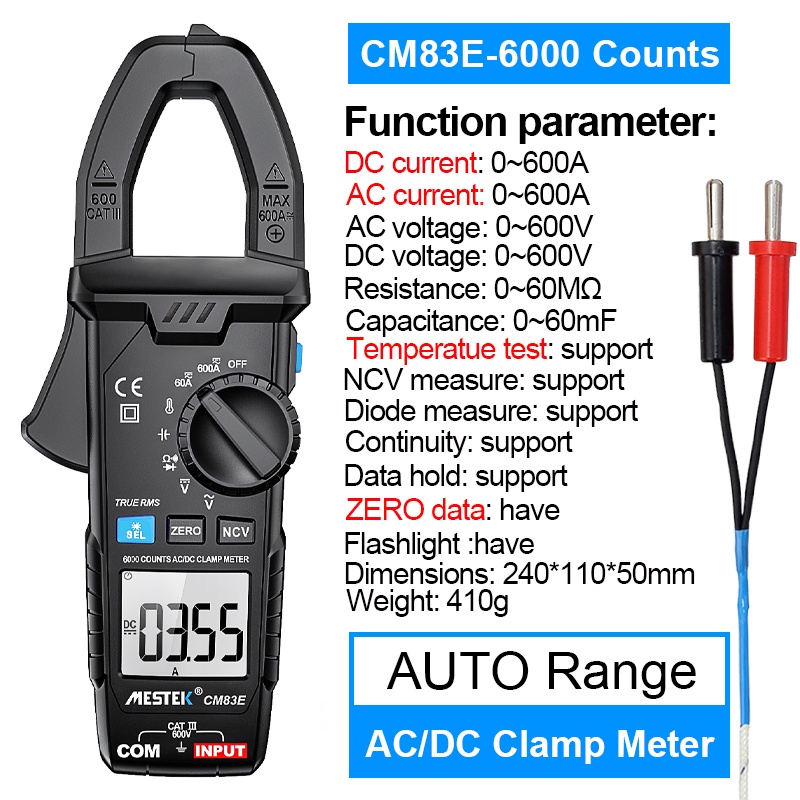 Clamp Multimeter 600A AC DC Current Clamp Meter Temperature Measure On