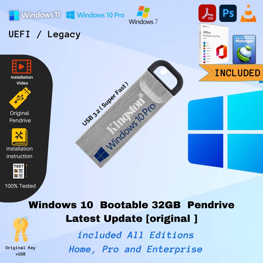 Windows 10 PRO windows 11 Pro Bootable USB installer Pendrive + Unlocked (Non TPM) UEFI with Key
