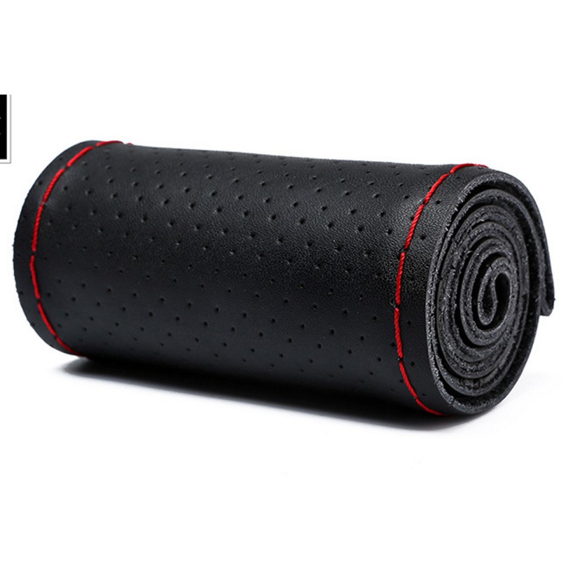 thumbnail interactive-video image 1 of DIY Leather Steering Wheel Cover – 38cm (M), Black/Red, With Needles & Thread 1 of 3