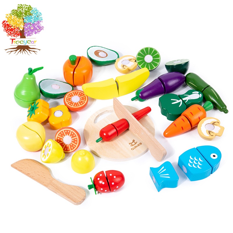 Treeyear Wooden Toys Food for Kids Kitchen - Play Food Cutting Fruits ...