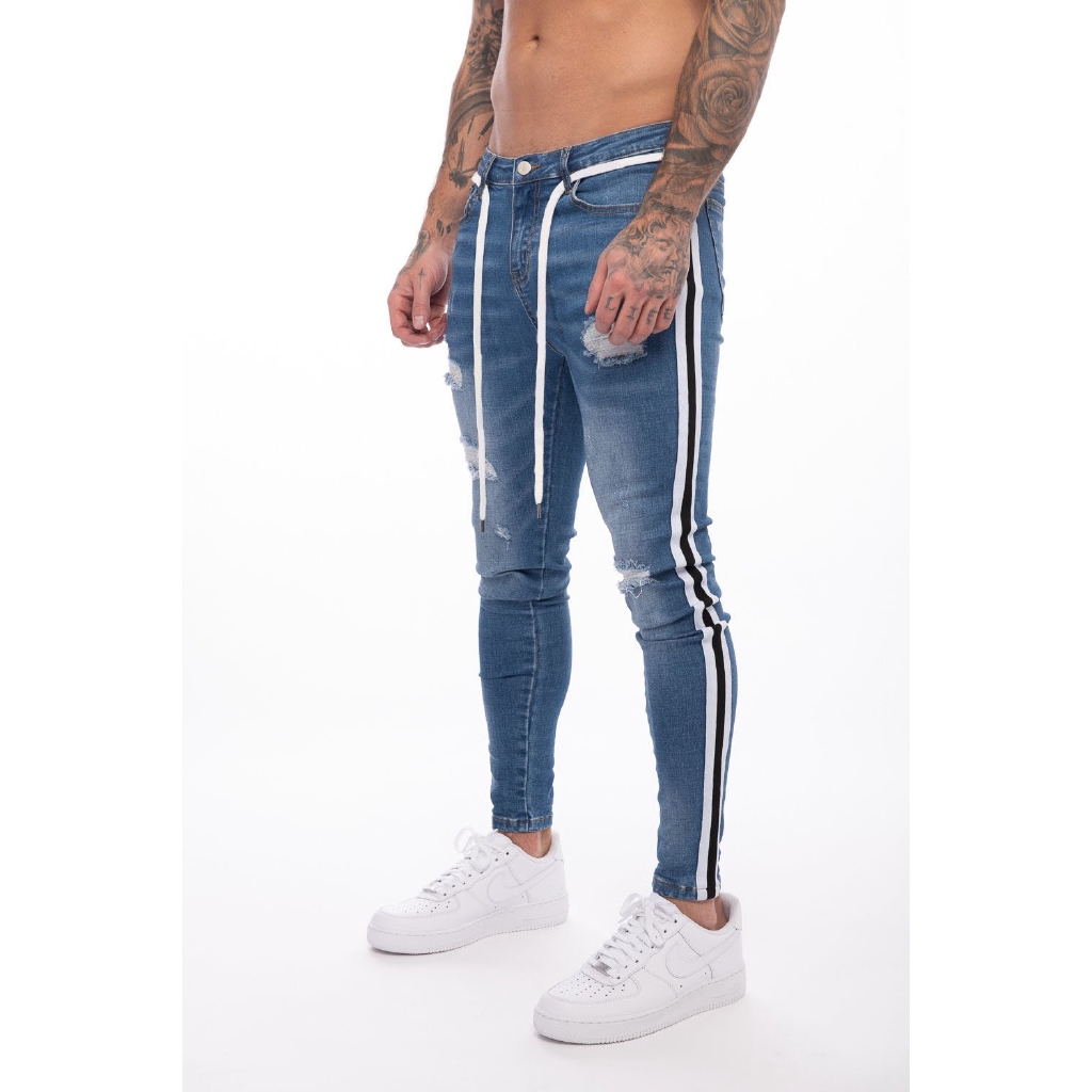 2019 New Side Stripes Distressed Holes Skinny Jeans Men Streetwear Hip Hop Ripped Jeans For Men Denim Pants Male