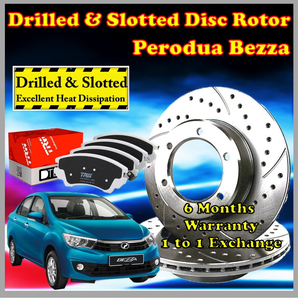 Perodua Bezza Brake Front Disc Drilled and Slotted Rotor & Brake Pad ...