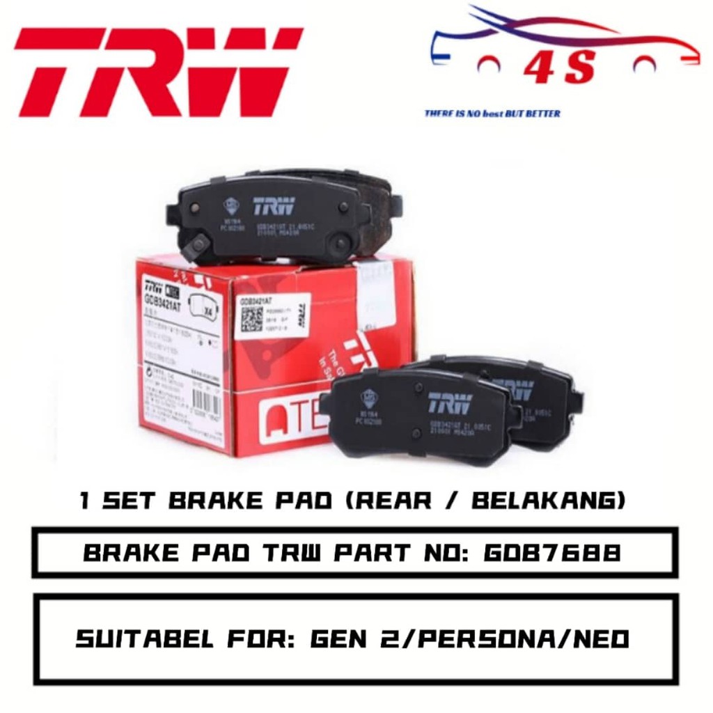 TRW - Proton Gen2 / Persona Rear Brake Pad ( GDB7688 ) Disc Pad ...