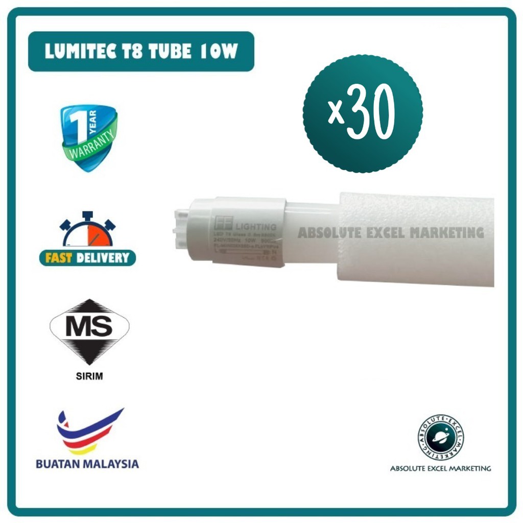 30PCS LUMITEC 10W T8 LED Tube Daylight 6500K 1000LM 2 feet 600mm SIRIM