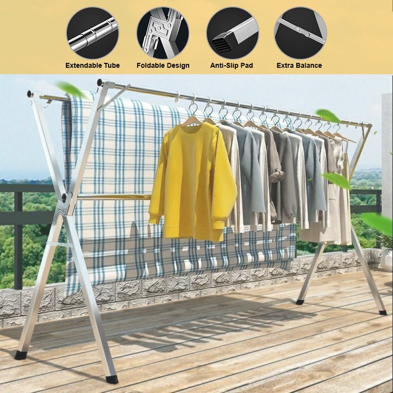Foldable Mobility Stainless Steel Cloth Clothes Hanger Clothing Drying Rack  Rak Penyidai Baju Laundry Ampaian Baju Lipat