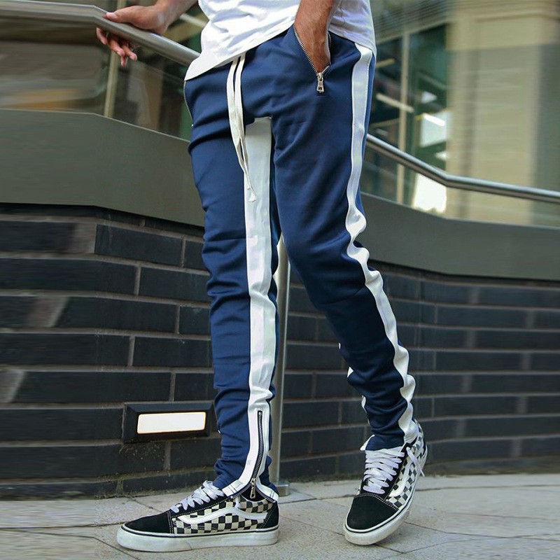 New Fashion Men s Drawstring Slim Fit Side Stripe Track Long Pants Trousers Zipper Decorated Casual Pants Shopee Malaysia