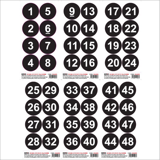 TABLE NUMBER STICKER WITH MATTE LAMINATED 1 TO 48 / 48 MM DIAMETER ...