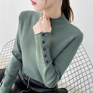 Woman Sweater Knitted Button Half Women Long Sleeve High Collar