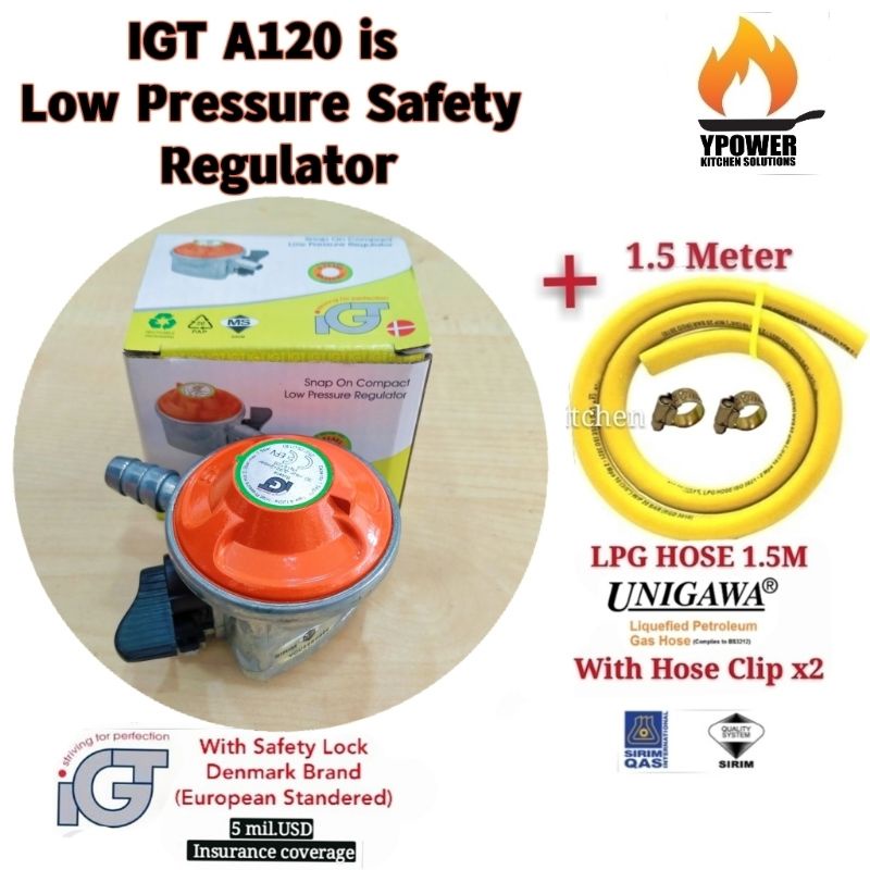 IGT Gas Regulator With SAFETY LOCK / with 1.5M BS3212 GAS HOSE