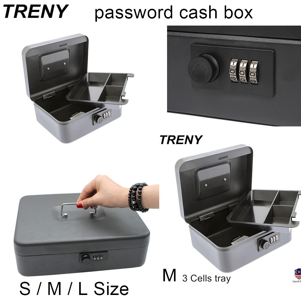 TRENY Petty Cash Box With Password Combination Lock Key Portable Locker