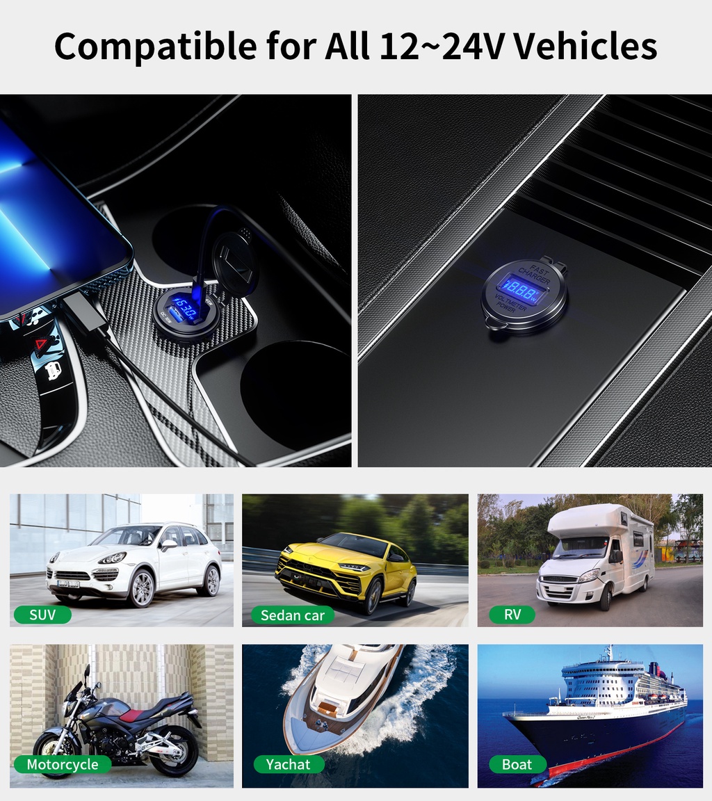 45W PD Dual USB-C Fast Car Charger - Metal 12V/24V Socket With 60cm Cable