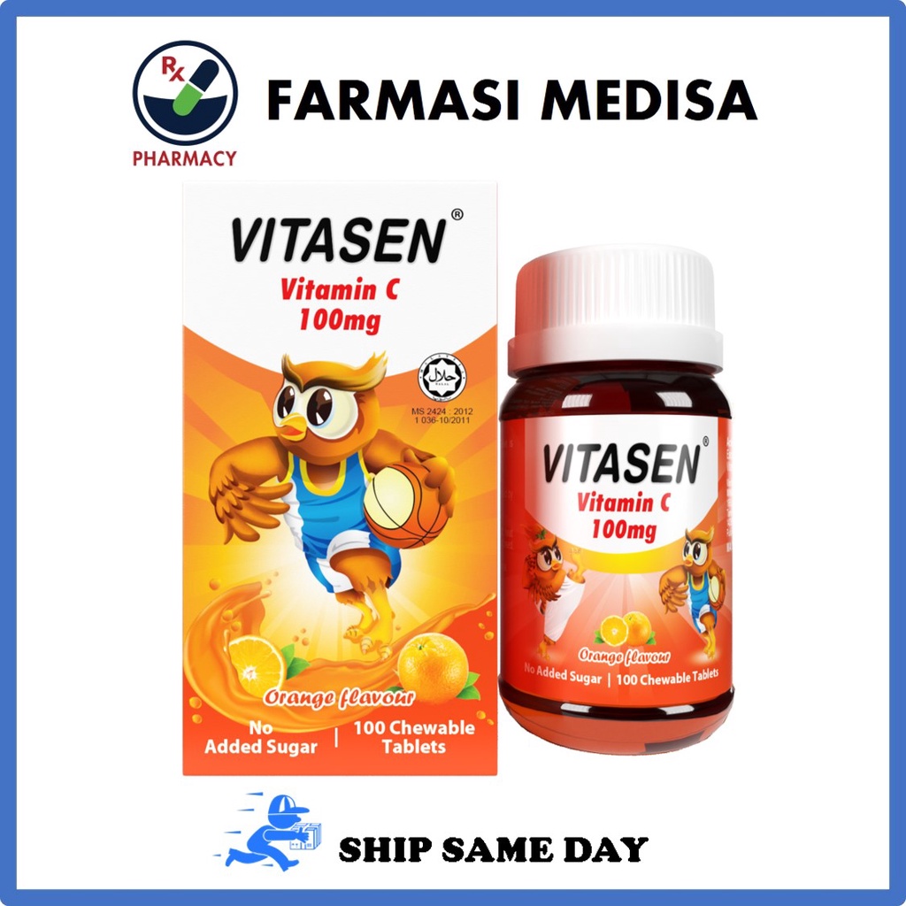 Vitasen Vitamin C 100mg 100 chewable tablets Orange Flavour No Added ...