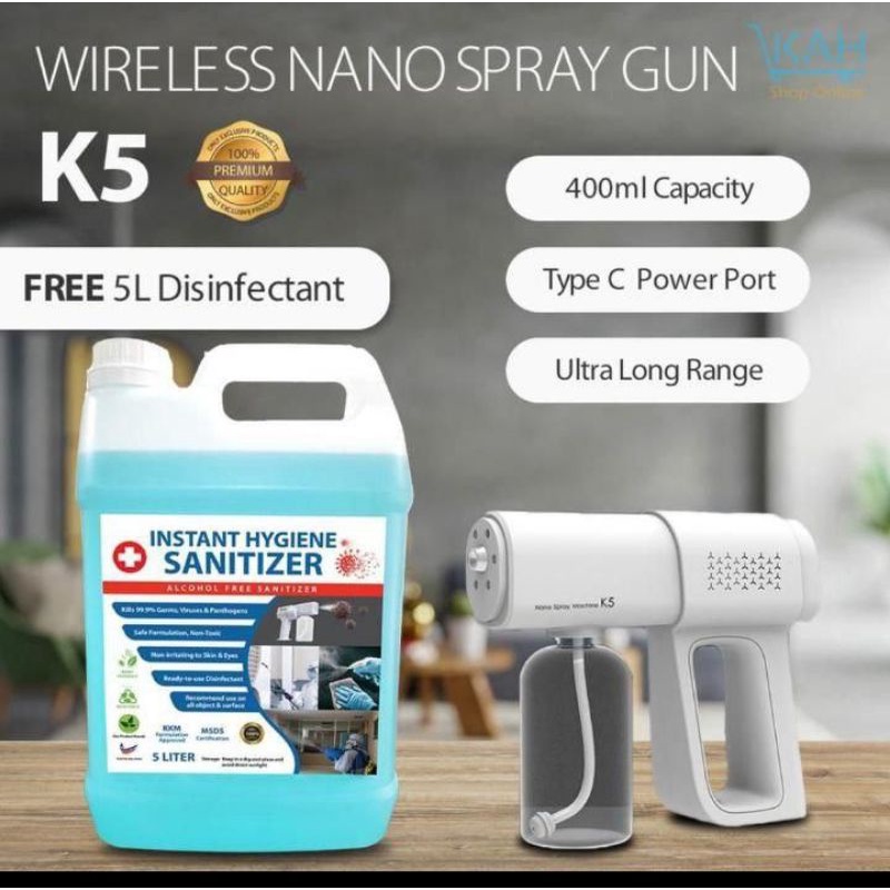 K5 wireless nano spray gun +5liter disinfectant | Shopee Malaysia