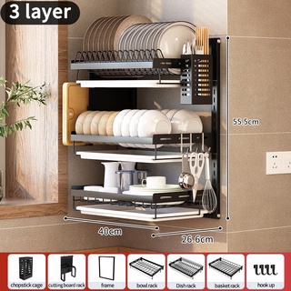  3-Layer Wall Mounted Dish Rack, 201 Stainless Steel Kitchen Drain  Rack, Knife Plate Chopstick Holder, Space-Saving, 55.5*26.6*41.2cm