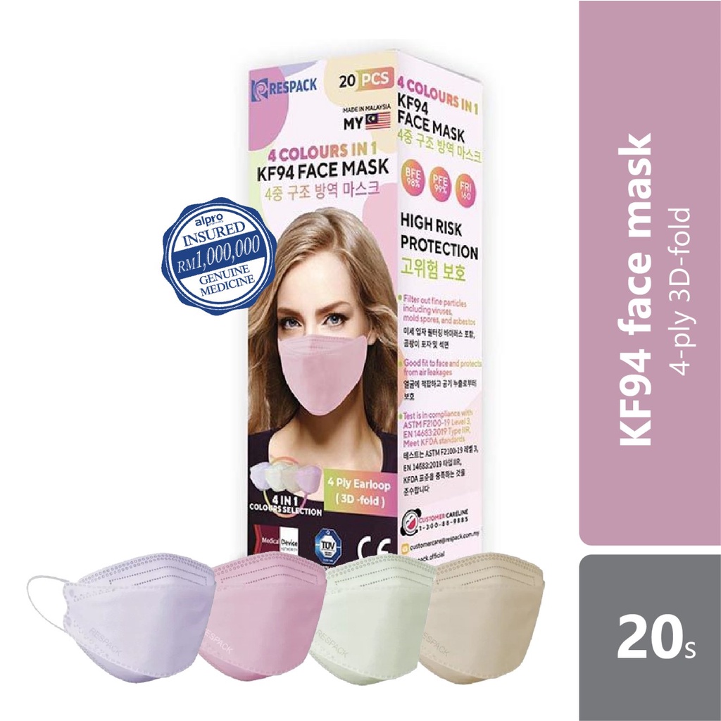 Respack 4 in 1 colours KF94 Face Mask 20pcs BFE 98% PFE 99% 4 ply 3D ...