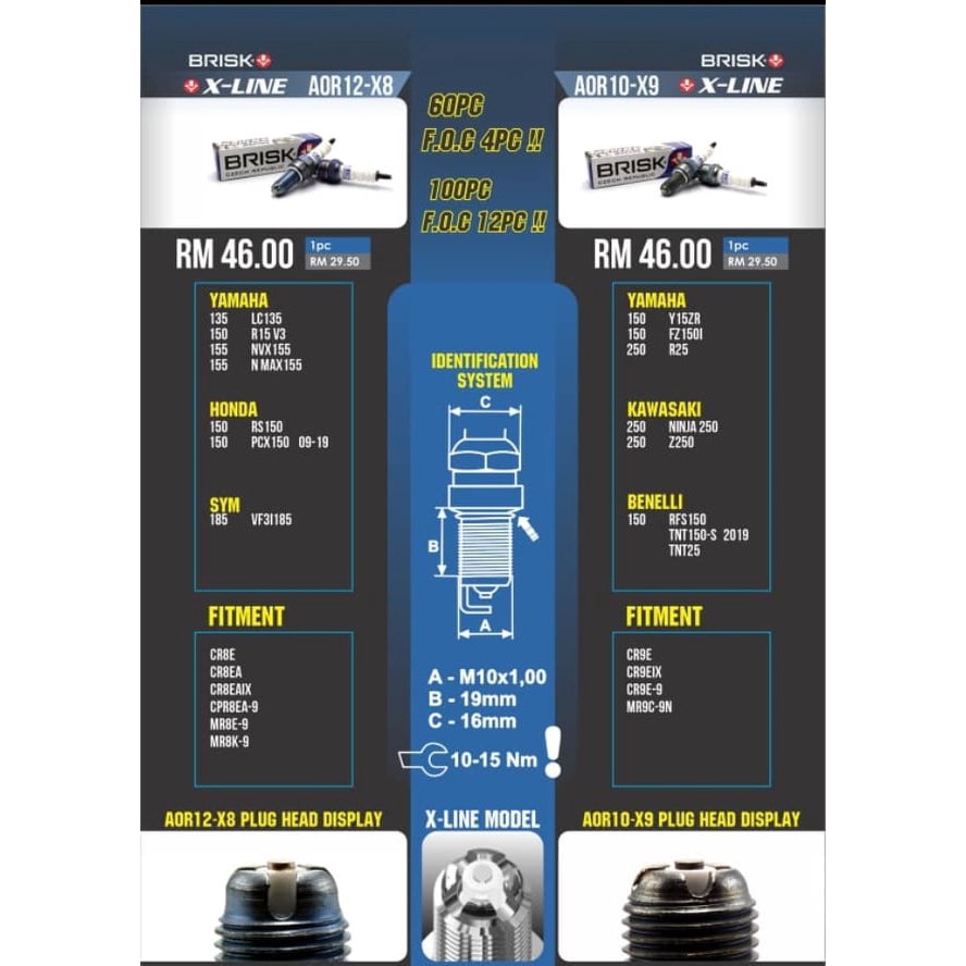 BRISK SPARK PLUG X LINE LC135 Y15ZR Y16ZR FZ150 R15 V3 NVX155 NMAX155