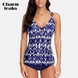 Charmo Womens Two Pieces Swimsuit Geometric Printed Swimwear Back Strappy  Tankini Set Padded Sexy Bikini Beach Wear X1