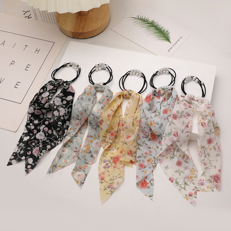 Ins New Floral Bowknot Ribbon Silk Scarf Hair Tie Korea Retro Pearl ...
