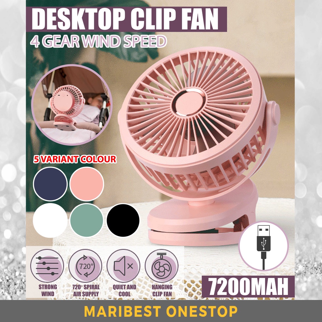 7200MAH Mini Clip Fan/ Kipas Mini 360 Adjustable 4 Speed USB Mini Fan ...