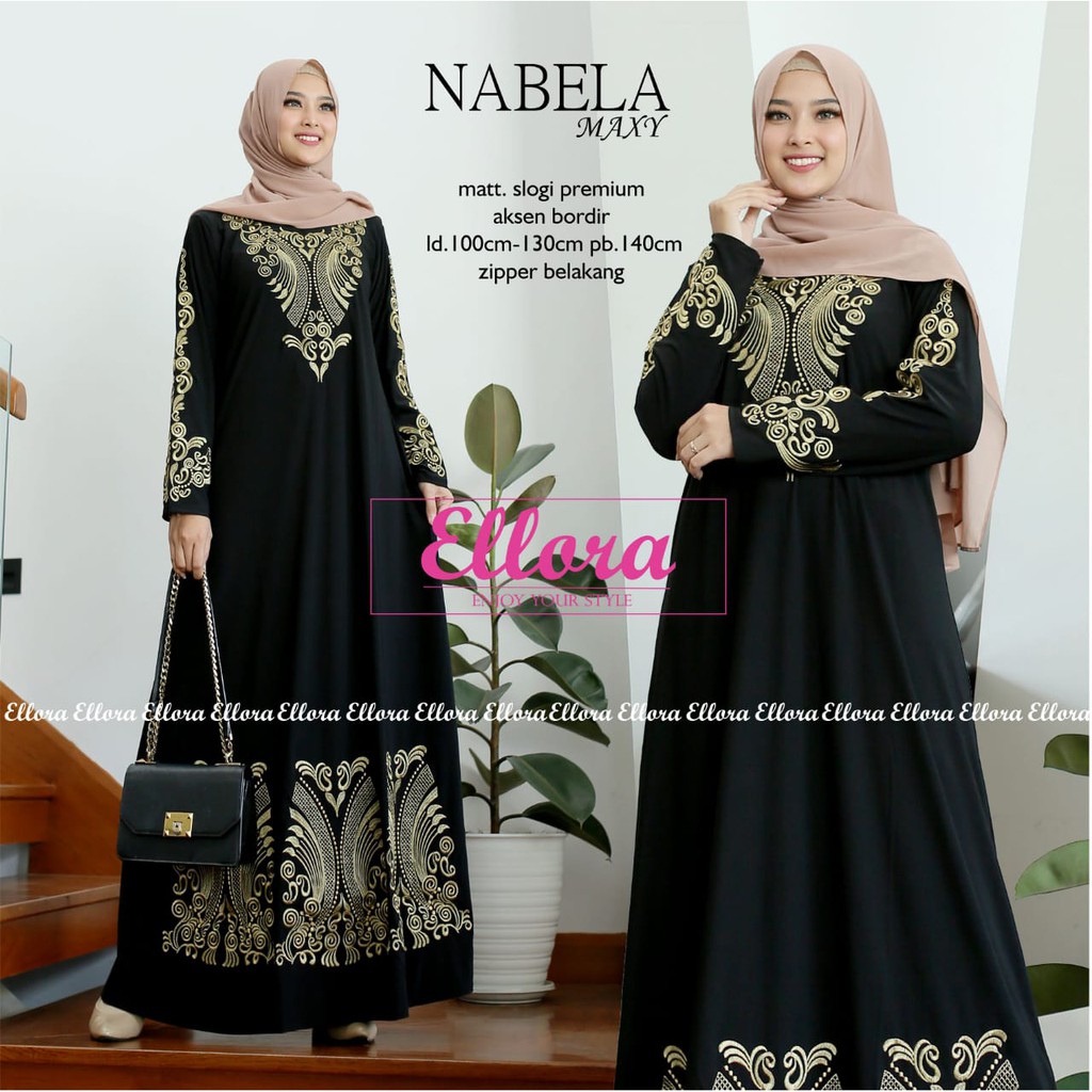 Pre Order Muslimah Nabela Ellora Jubah Abaya Saudi Dubai Turkey Umrah Haji Dress Black Gold