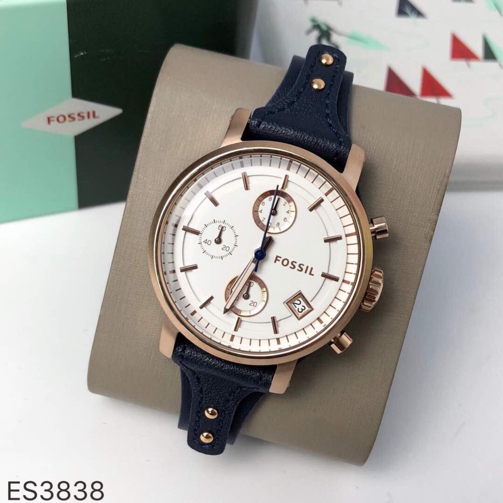 OFFICIAL WARRANTY Fossil Women s ES3838 Original Boyfriend Chronograph Navy Leather Watch 2 Years Warranty Shopee Malaysia