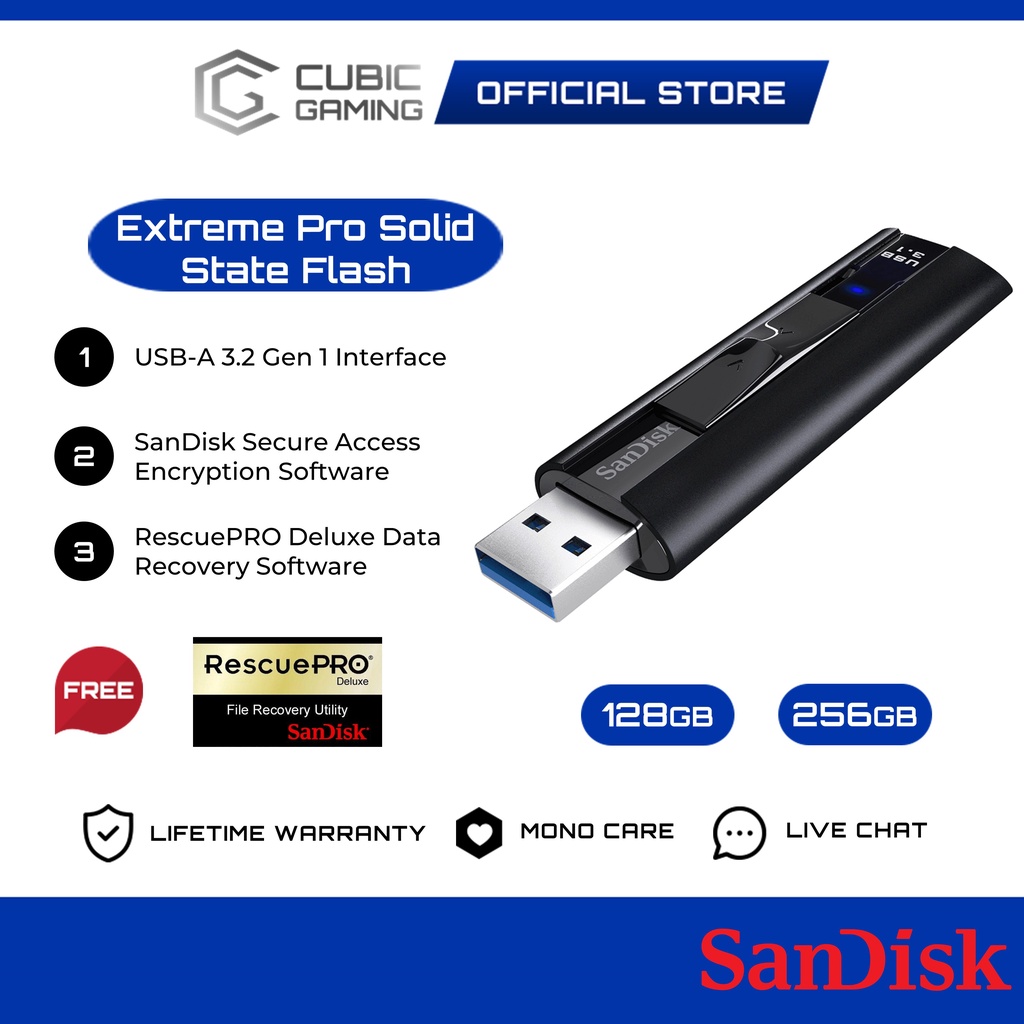 SanDisk Extreme PRO USB 3.2 256GB Solid State Flash Drive 128GB