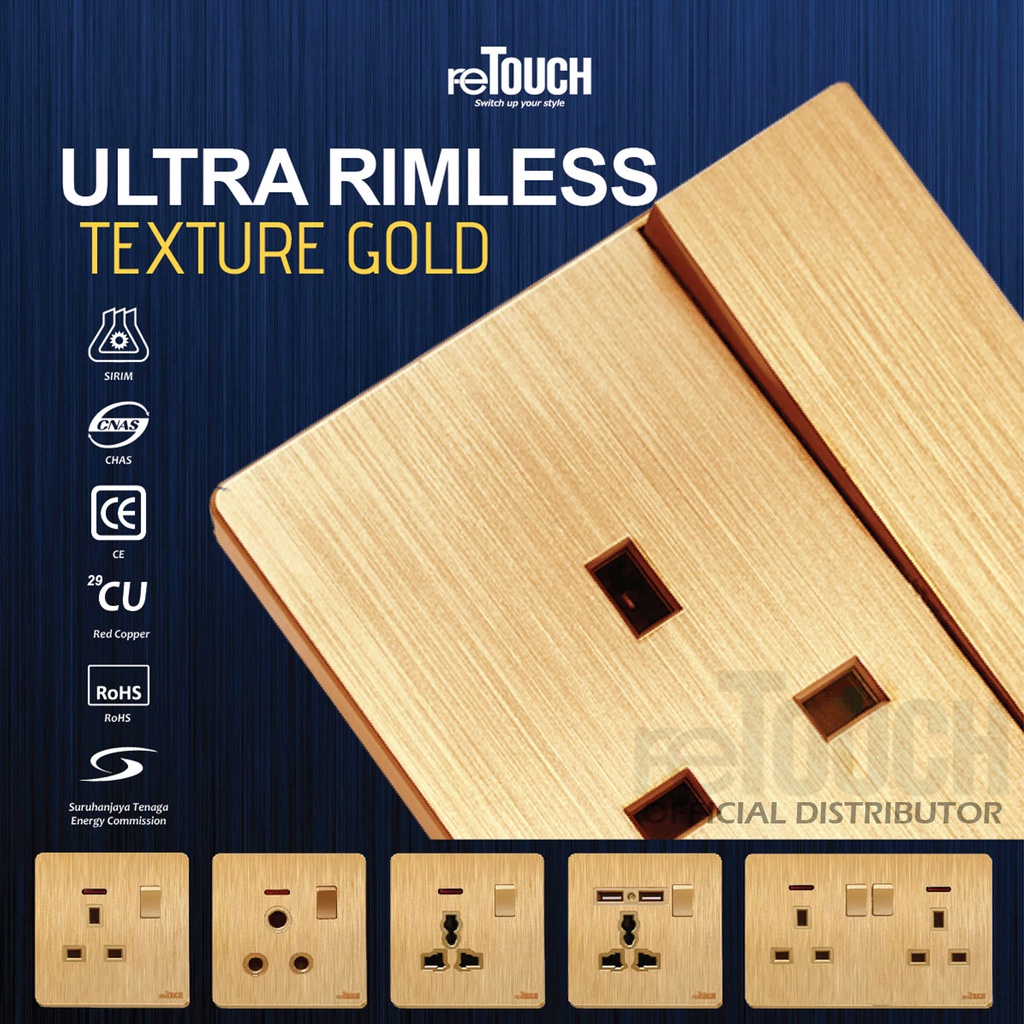 reTouch Gold Ultra Rimless Switch 13A 15A Big Rocker Universal USB ...