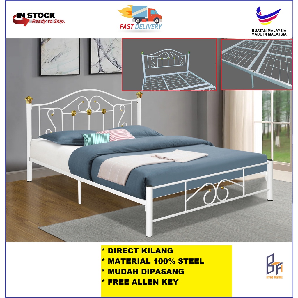 READY STOCK KEDAH Queen Bed Frame 100% Metal White Bedframe Katil ...