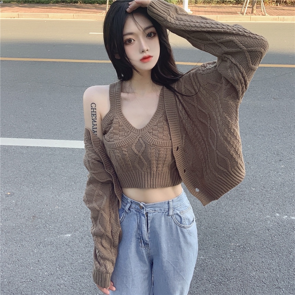 Two-Piece Set Sweater Short Cardigan Vest Loose Casual Sweater Sexy ...