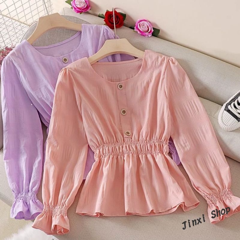 Women Blouse Korean Style Long Sleeve Shirt With Slim Waist Ruffle Top Cute  Sweet Tops