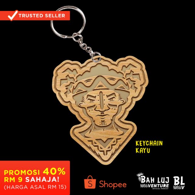 Keychain Kayu Orang Asli, 'Cermor Mai Manah, Bah Luj' (Head Shape ...
