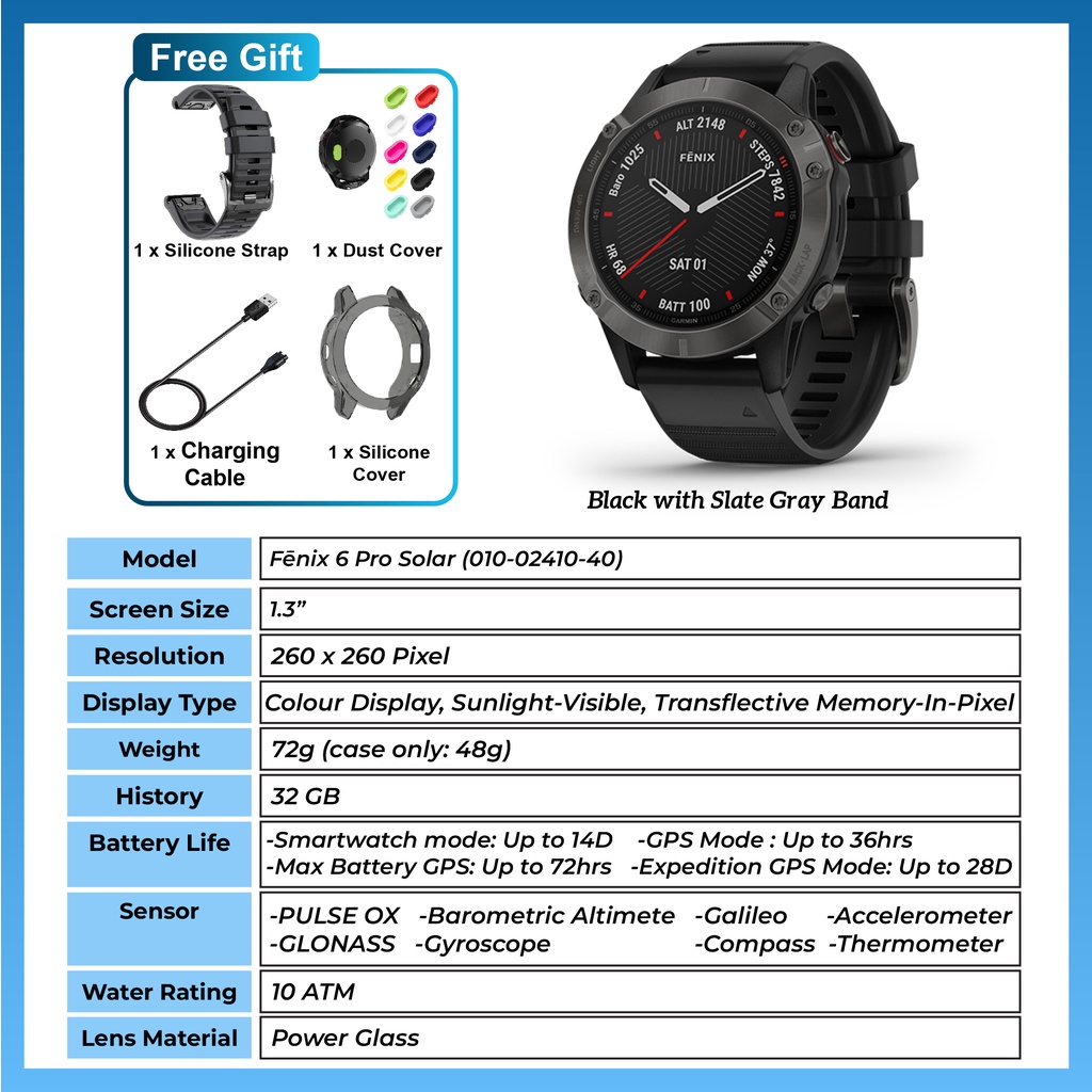 Garmin Fenix 6 Pro Solar Sport Running Cycling Swimming Hiking Triathlon GPS Tracking Watch Shopee Malaysia