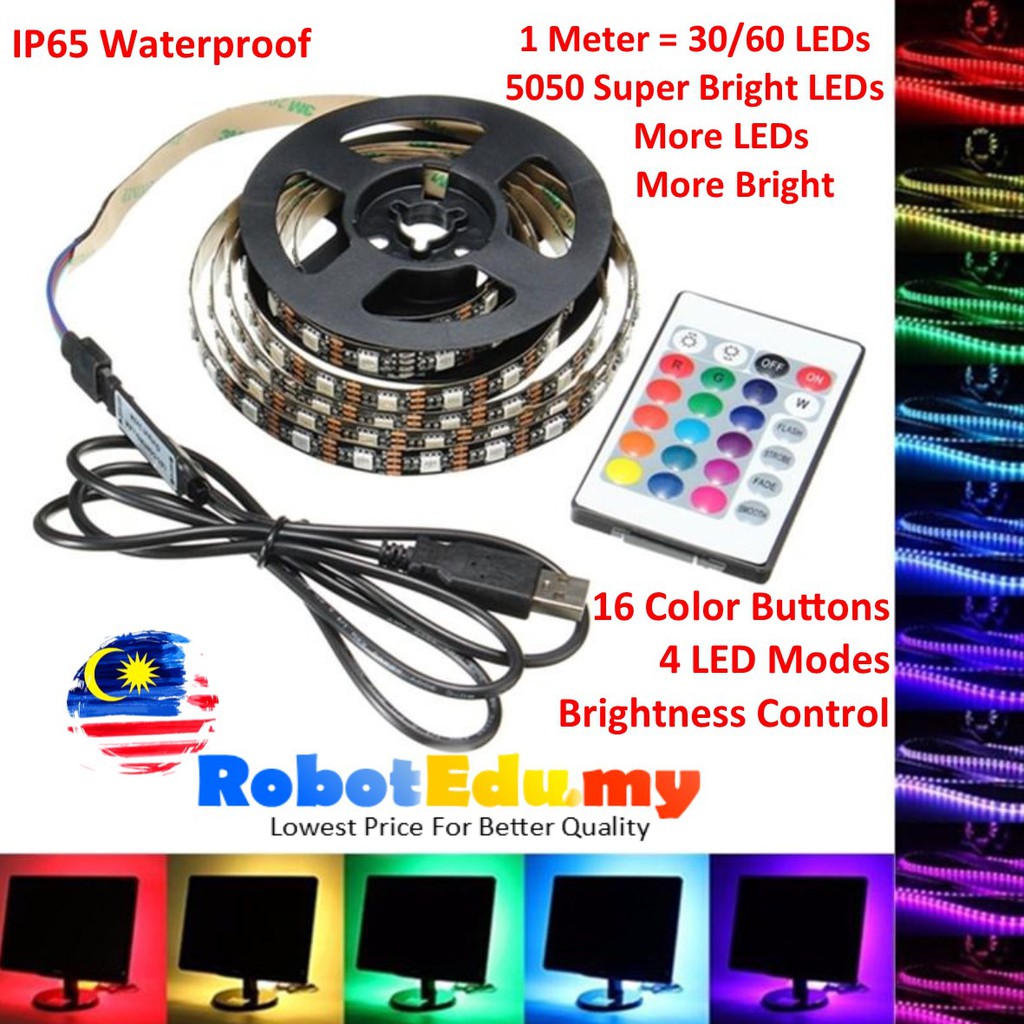 [READY STOCK] USB 5V RGB 5050 IP65 Waterproof Multi Color 16 Colours Super Bright LED Strip 24 Button Remote Control Set