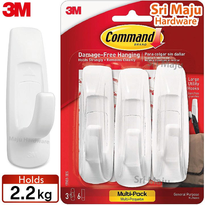 Command 3M, Mega Utility Wall Hooks, Up to 6.8kg, Comes Off with no Paint  Damage, Heavy Duty, Holds Strongly, Adhesive Hooks for Wall, Multi-Surface