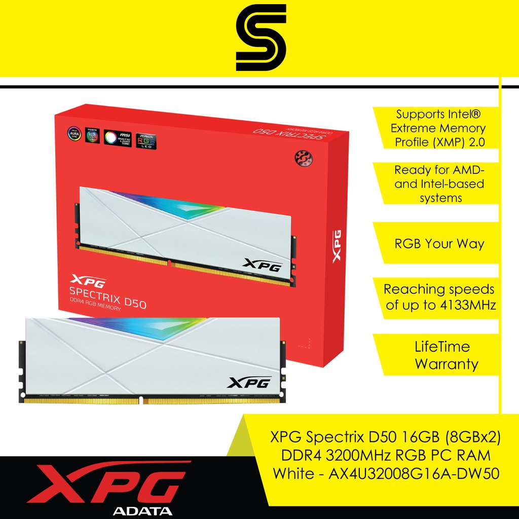 XPG Spectrix D50 16GB (8GBx2) DDR4 3200MHz RGB PC RAM - White ...