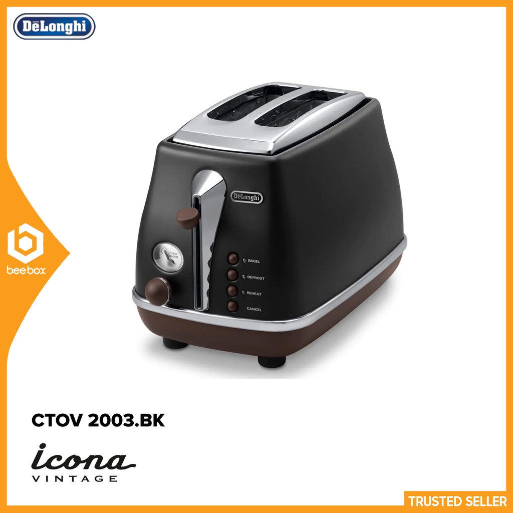 Delonghi Icona Vintage 2 Slice Toaster Stainless Steel Body (CTOV 2003.BK Black, CTOV 2003.BG