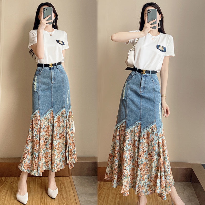 skirt muslimah mermaid fishtail skirt tiered Denim Jeans Layered Long Skirt Large Size a Line Maxi Skirt Shopee Malaysia