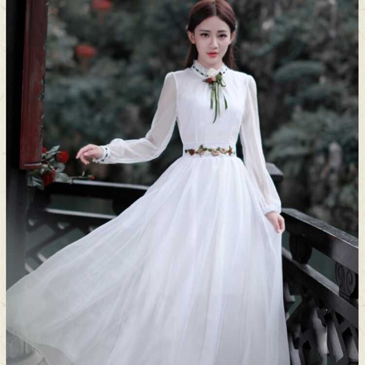 white dress women New fresh Republic wind chiffon vintage long sleeve fairy korean dress Shopee Malaysia