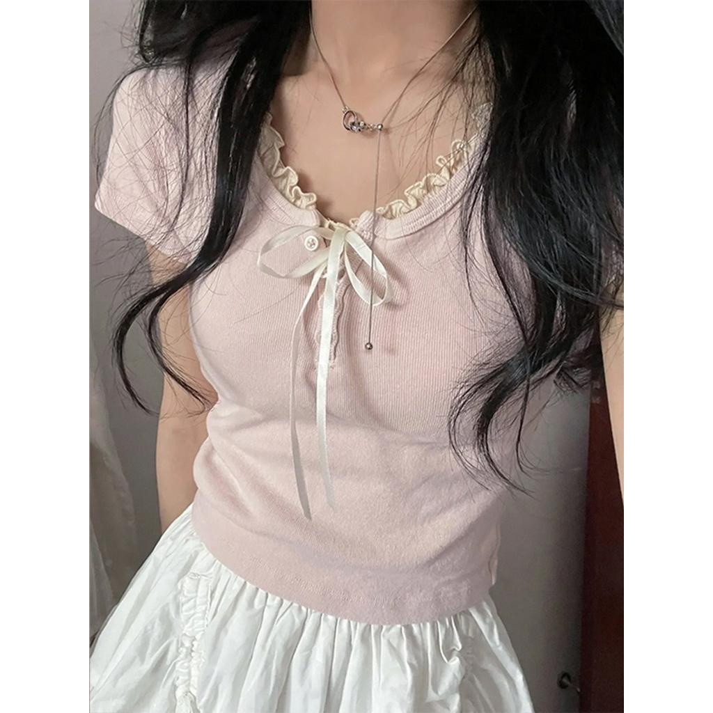 67516 Pink Bow Stitching Short-Sleeved T-Shirt Women's Top | Shopee ...