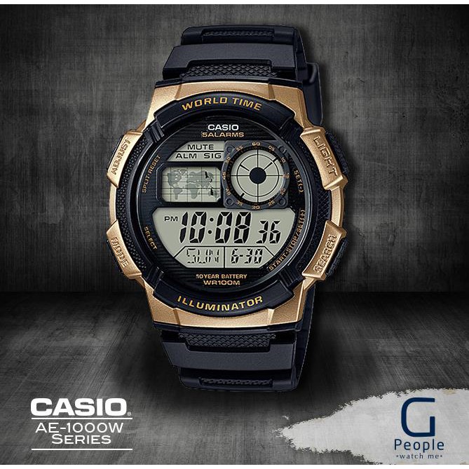 Casio Men's World Time Digital Sport Watch, Black/Gold AE1000W-1A3V 