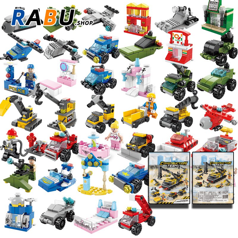 [In Stock] Minifigure 6 In 1 Building Blocks DIY Police Car Fire Truck ...
