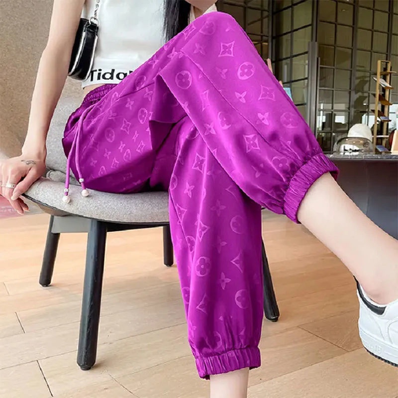 Summer Women's High Waist Loose Casual Printed Ice Silk Bungee Pants