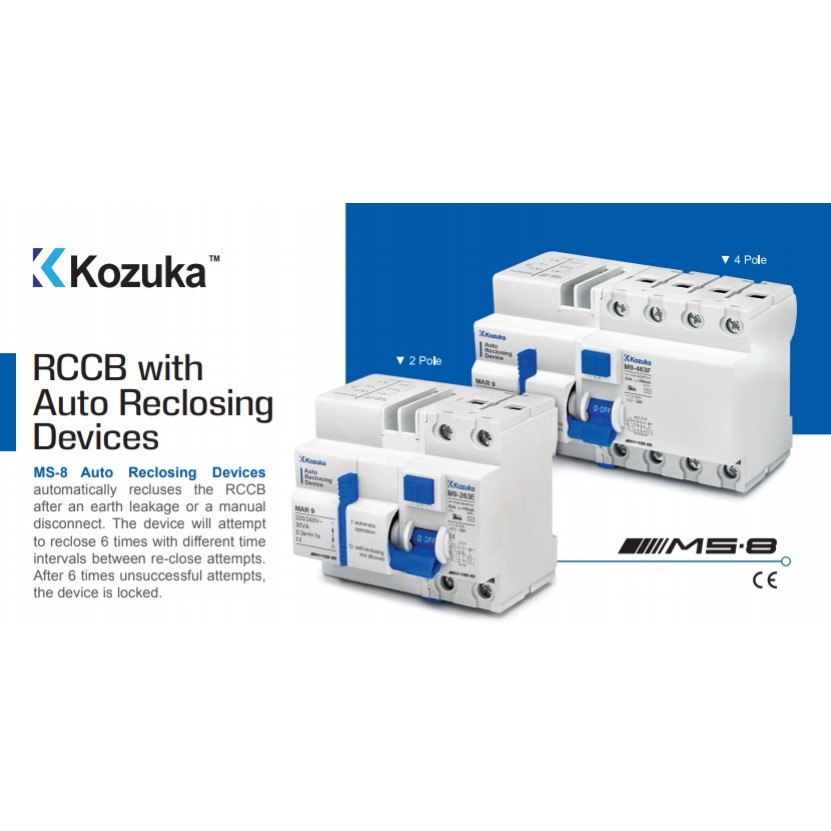 KOZUKA RCCB WITH AUTO RECLOSING DEVICE 2P 63A 100mA & 4P 63A 300mA MS8 ...