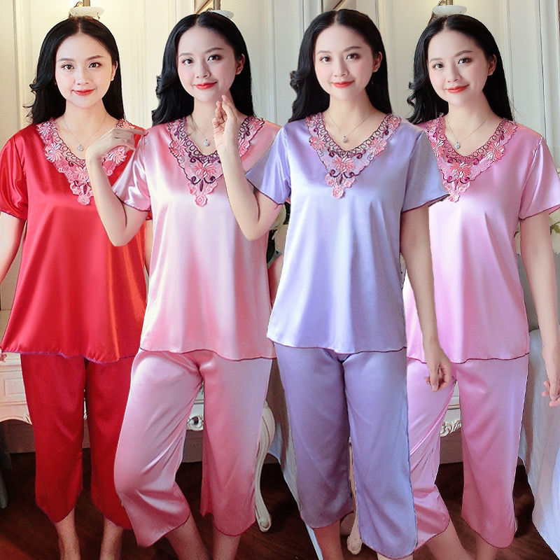 Ice Silk Pajamas Women's Short Sleeve Capris Large Size Suit Noble ...