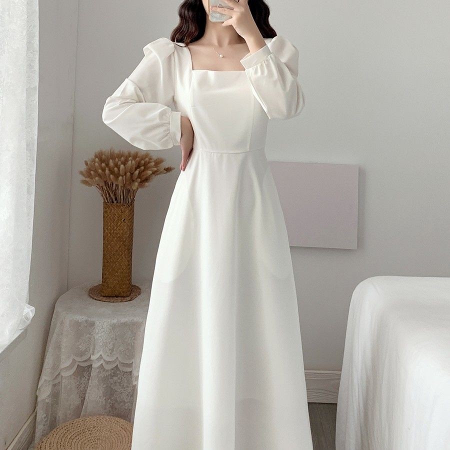 Long white dress with long clearance sleeves