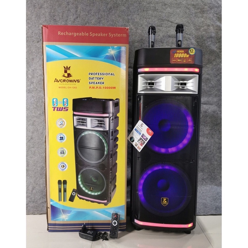 AVCROWNS Portable CH-1262 BT Speaker Dual 12 Inch Horn Speaker With Double Wireless Microphone And Remote