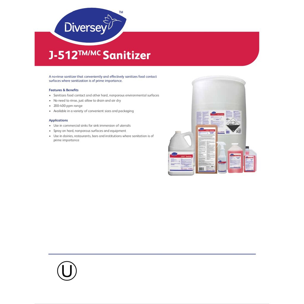 J-512 Diversey ,Surface Sanitizer / Food Grade, Sanitizer 99.9% ...