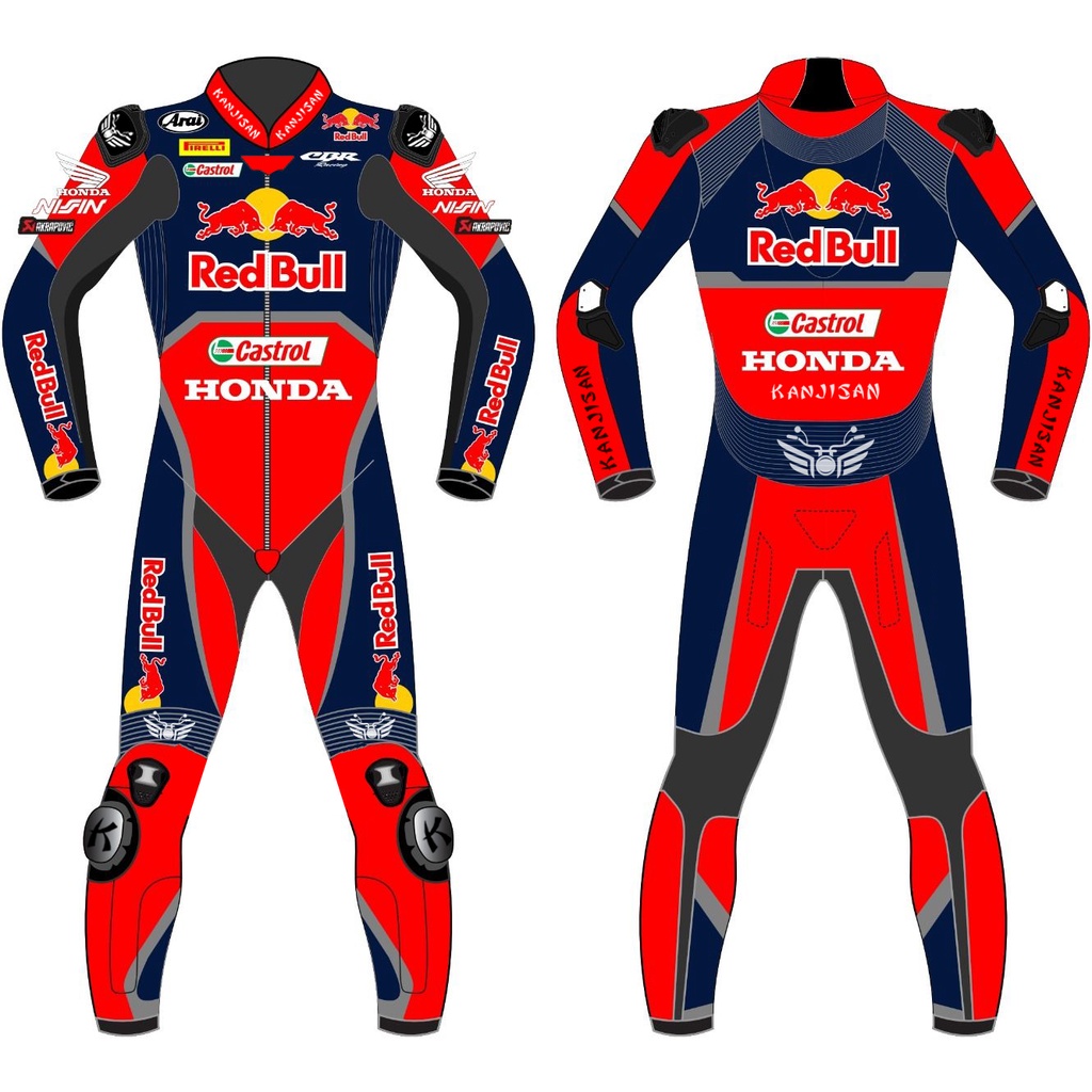 One-Piece Honda Red Bull Professional Leather Suits Motorcycle Riding ...