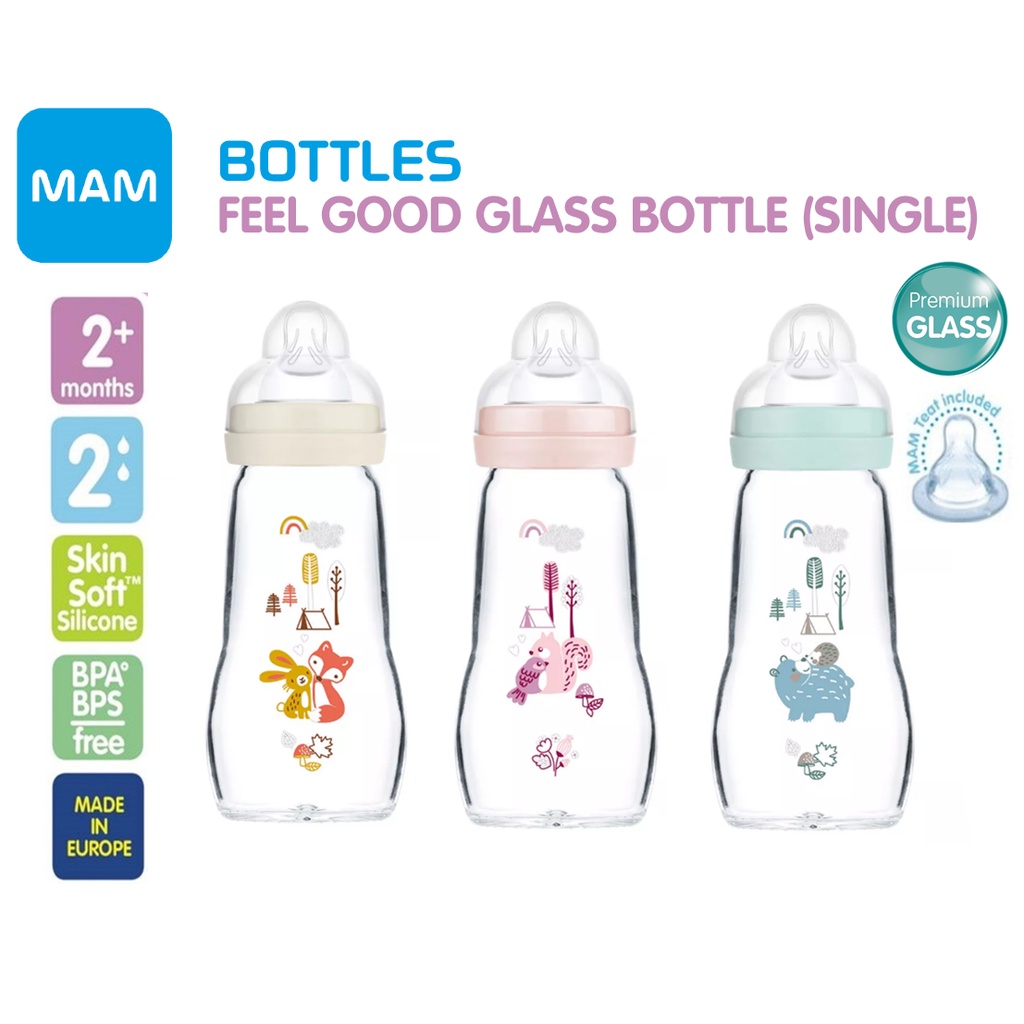 Lot De 2 Biberons En Verre MAM Feel Good 260 Ml – Tétine Soie Douce, Anti-Fuite Et Facile à Nettoyer