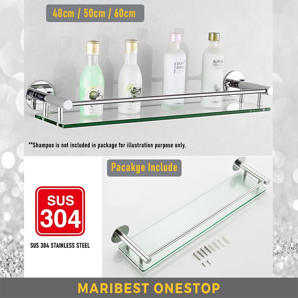 K08 GLASS SHELF SHAMPOO RACK BATHROOM SUS 304 STAINLESS STEEL 40/50/60